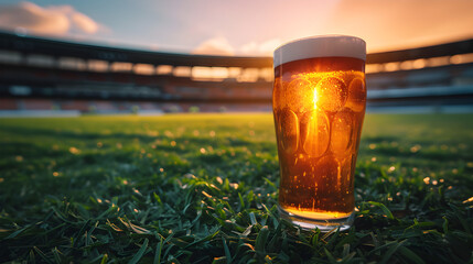 Cinematic wide angle photograph of a beer pint glass at a soccer stadium. Product photography.