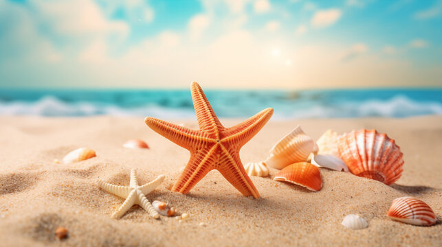 A postcard summer beach with some small seashells/starfish