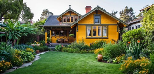 a side angle view of A saffron-yellow craftsman cottage with a backyard and a large, ornamental kaleidoscope - obrazy, fototapety, plakaty
