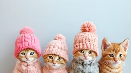 Obraz premium Group of adorable kittens wearing different knitted hats isolated on soft blue background, cute cats, copy space, mockup.