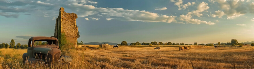 Panorama of grazing cows in a meadow with grass covered with dewdrops and morning fog, and in the background the sunrise in a small haze. sunset, farm, old car, destroyed building