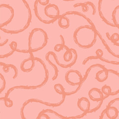 Seamless pattern of bright colorful abstract squiggles print, continuous line, textured scribble spiral and wavy lines. retro 80s. Chaotic ink crayon dry brush texture. Vector illustration.