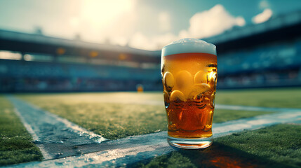 Cinematic wide angle photograph of a beer pint glass at a tennis court. Product photography. - obrazy, fototapety, plakaty