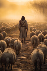 Shepherd Jesus is walking away surrounded by herd of sheep. Sun is setting in background, creating warm atmosphere. - obrazy, fototapety, plakaty