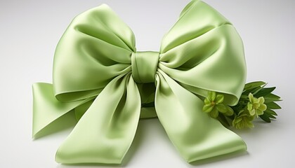 Green silk gift bow on white background, elegant decoration with copy space for gifting mood
