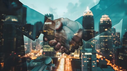 Double exposure of two businessman, handshake for investment deal during night cityscape, skyscrapers background.