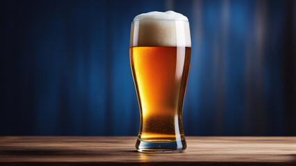 Mug of beer with foam on wooden table in front of blue background