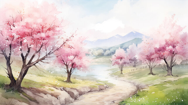 Hand drawn cartoon beautiful spring landscape watercolor illustration
