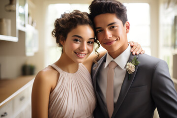 Radiant Young Couple at a Formal Prom Event, Embracing with Joy