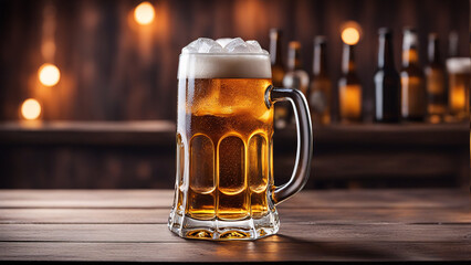 Mug of beer with foam on wooden table in pub or bar