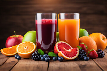 Fresh fruit juices in glasses on wooden table. Healthy food and drink concept.