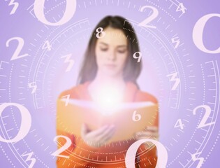 Astrology and numerology background with woman hold book.