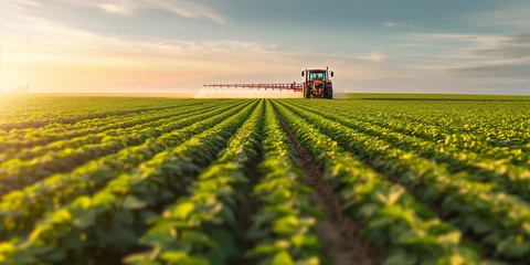 Schilderijen op glas Precision Farming: Tractor Spraying Fields with Pesticides at Sunrise © JLabrador