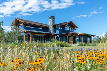 a side angle view ofAn opulent craftsman house in sky blue, including a state-of-the-art gym and wellness center, situated in a yard with a labyrinth of tall grasses and wildflowers.