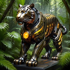 Fototapeta na wymiar Modified tiger that looks like a cyborg, Futuristic tiger, mechanical robot warrior,tigress future warrior, generative ai, electronic animal, robot tiger