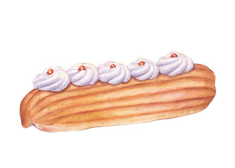 Watercolor eclair decorate white cream, dessert illustration