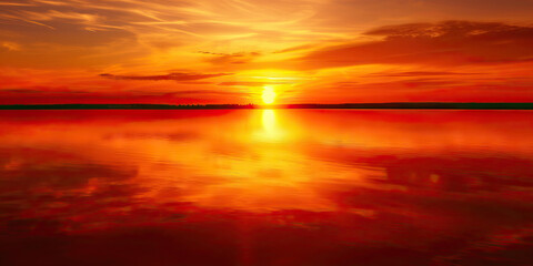 Fototapeta premium Orange Sunset Over Water: Scenic View of Orange Sunset Reflecting on Calm Water
