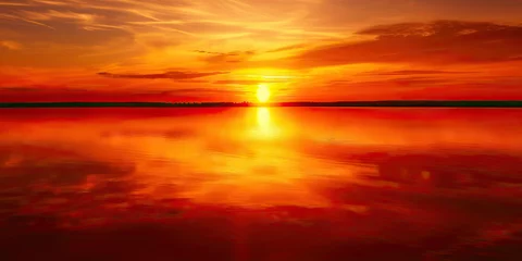 Fotobehang Orange Sunset Over Water: Scenic View of Orange Sunset Reflecting on Calm Water © Lila Patel
