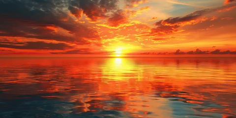Fotobehang Vermiljoen Orange Sunset Over Water: Scenic View of Orange Sunset Reflecting on Calm Water