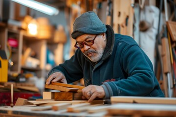 Senior man crafting in a workshop, symbolizing skilled hobby and active retirement.