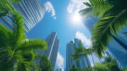 Fototapeta na wymiar Highrise buildings on a blue sky with palm tree
