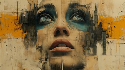 Abstract double exposure modern art collage portrait of young woman and city. Trendy paper collage composition.