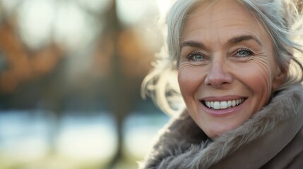 a mature older woman smiling and Wear a coat, beautiful white teeth , in the style of youthful energy, holotone printing, polished surfaces, photo taken with provia, aluminum, restored and repurposed,