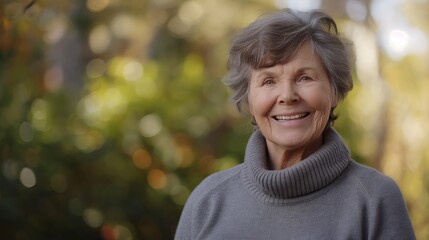 Medium shot portrait photography of a pleased woman in her 50s that is wearing a cozy sweater
