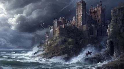 Fotobehang A historic medieval castle on a cliff, ocean waves crashing below, dramatic sky, knights and horses, period architecture. Resplendent. © Summit Art Creations