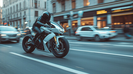 Fototapeta na wymiar A sporty motorbike with a motorcyclist in a black helmet and leather jacket rushes through the streets of the city