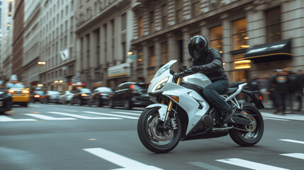 Fototapeta na wymiar A sporty motorbike with a motorcyclist in a black helmet and leather jacket rushes through the streets of the city