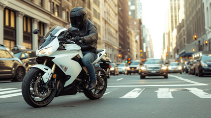 A sporty motorbike with a motorcyclist in a black helmet and leather jacket rushes through the...