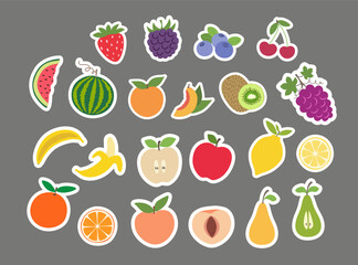 Set stickers fruits berries in flat design. Pack of fruit and berry illustrations. Simple stile. Icon of fruit and berry.
