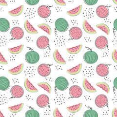 Seamless pattern with watermelons in flat style. Fruit flat minimal Vector illustration.