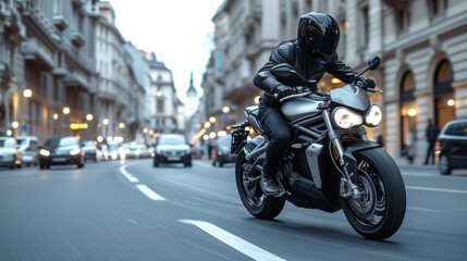 Obraz na płótnie Canvas A sporty motorbike with a motorcyclist in a black helmet and leather jacket rushes through the streets of the city
