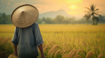 Fototapeta premium People in Vietnam, Korea, and the islands harvest rice in the field.