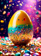 holographic Easter eggs on a shiny background. Selective focus.