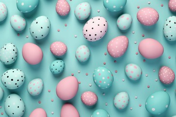 Fototapeta na wymiar easter rabbits, easter eggs and basket on blue background