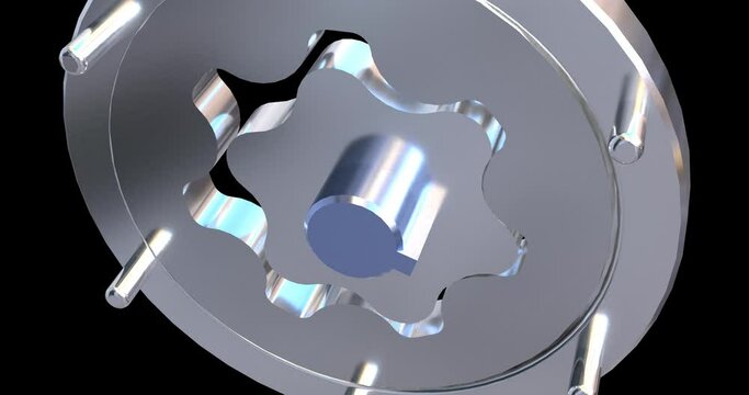Close of internal and external gear meshing to form a gerotor pump assembly. 3D gear animation in machine design