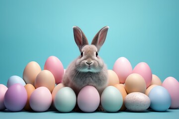 easter rabbits, easter eggs and basket on blue background