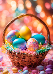 multi-colored Easter eggs in a basket. Selective focus.