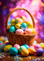 Fototapeta na wymiar multi-colored Easter eggs in a basket. Selective focus.