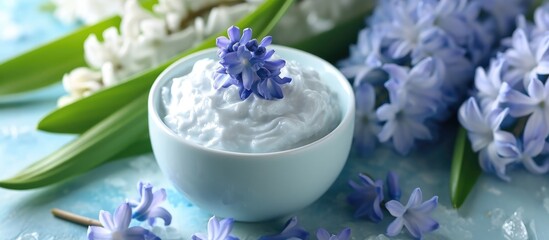 Natural beauty treatment using scented oil and hyacinth flowers in cosmetic cream.