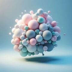 cluster of spheres of various sizes, floating and resting on a surface. The spheres are rendered in soft pastel colors including shades of pink, blue, green, and white