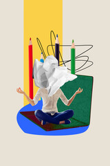 Vertical collage creative poster illustration headless caricature people paper laptop pencil doodle...