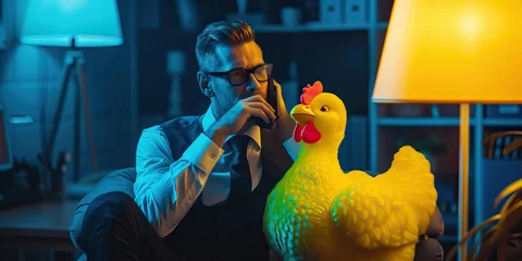 Gordijnen Absurd Office Antics: Businessman Using a Rubber Chicken as a Phone in a Comically Strange Office Scene © Lila Patel