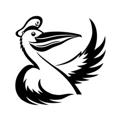 Pelican bird in a captain's cap with a wing on a white background.