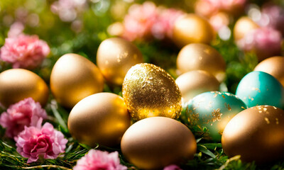 Naklejka na ściany i meble golden Easter eggs on a shiny background. Selective focus.