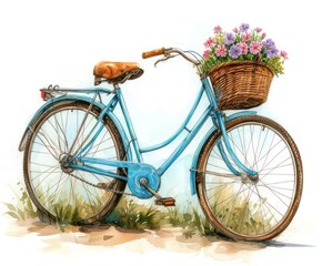 Fototapeta na wymiar Watercolour of blue beach bike with a small bouquet of flowers in the basket - AI Generated Digital Art