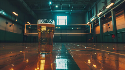 Cinematic wide angle photograph of a beer pint glass at a volleyball stadium. Product photography. - obrazy, fototapety, plakaty